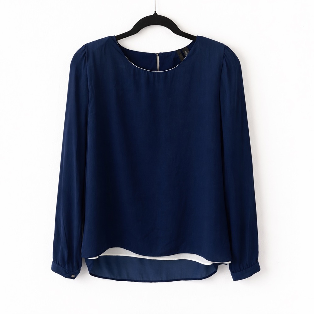 👚Mango Navy Long-Sleeve Round-Neck Blouse